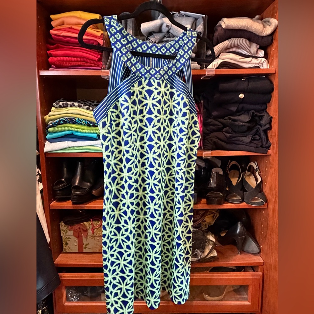 Gretchen Scott Designs Navy and Lime Geometric Sleeveless Midi Dress
